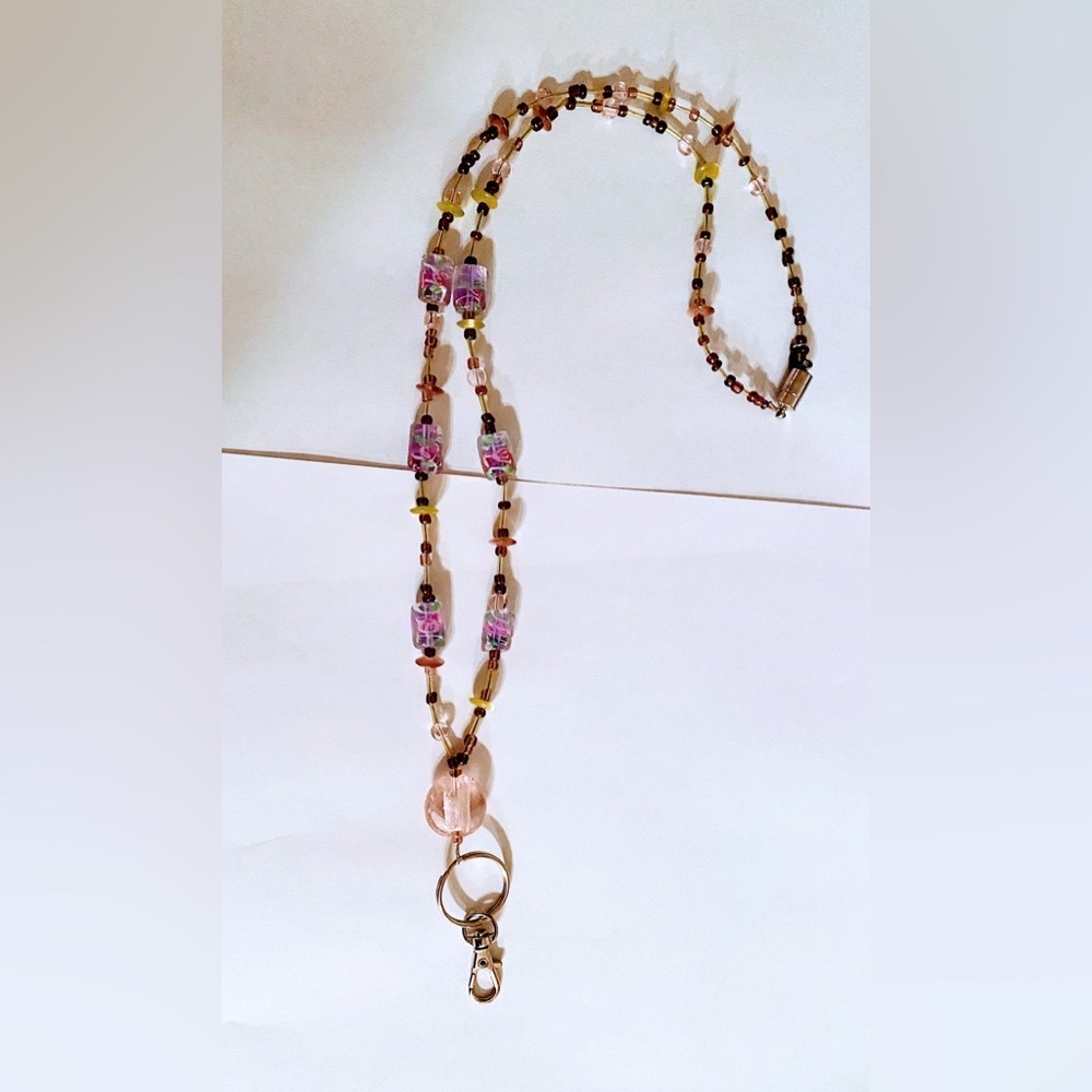 Pink roses beaded lanyard ID card holder by Boojee